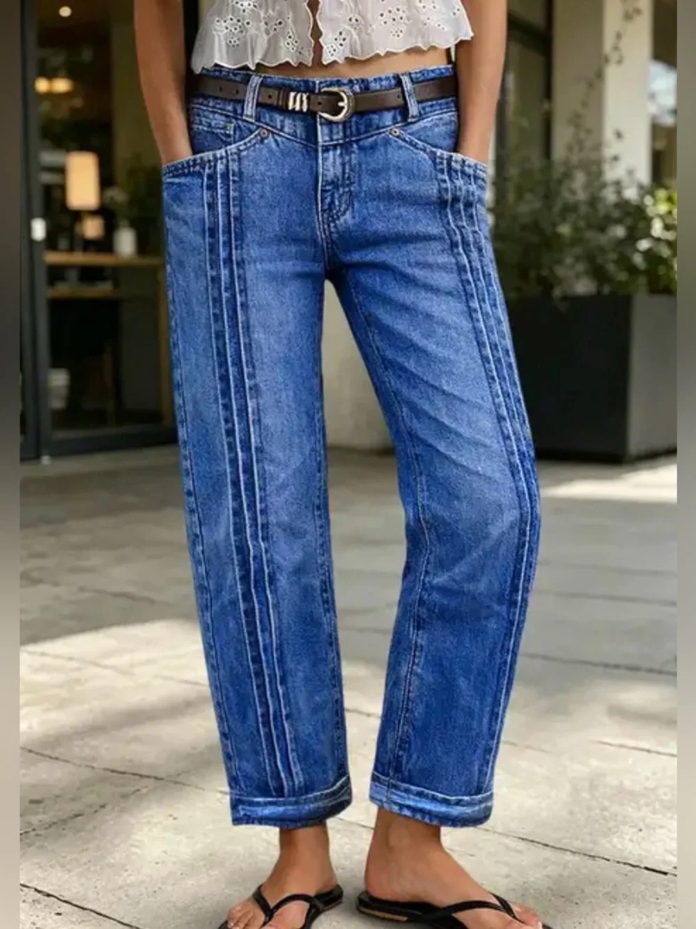 Wash Pleated High Rise Straight Leg Crop Jeans Without Belt 2XL FG30-22